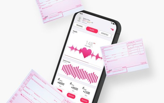 Smartphone mit Health-App und Rezeptscheinen drum herum