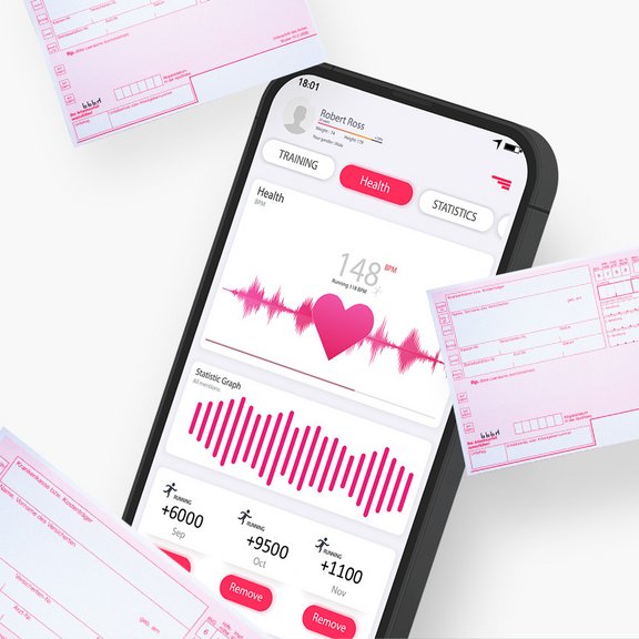 Smartphone mit Health-App und Rezeptscheinen drum herum