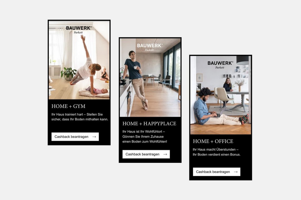 Banner Ads der Home+ X Kampagne für Bauwerk Parkett