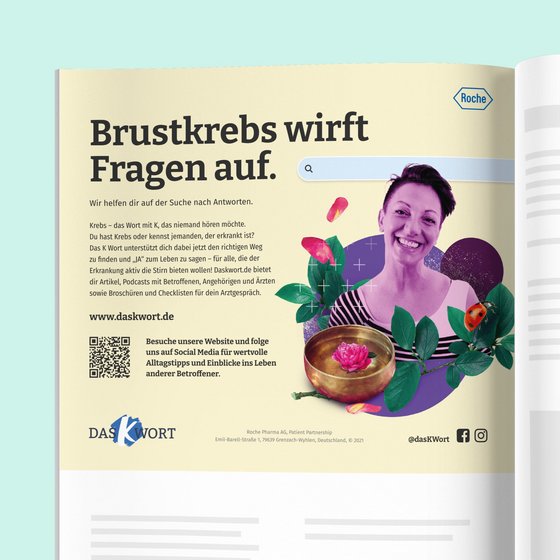 Das K Wort Printanzeige "Brustkrebs wirft Fragen auf"