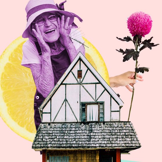 Collage aus Frau, Haus, Blume und Zitrone