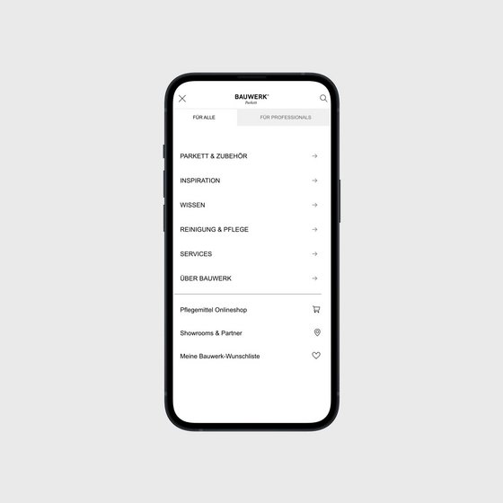 Bauwerk Parkett Website Navigation auf Smartphone