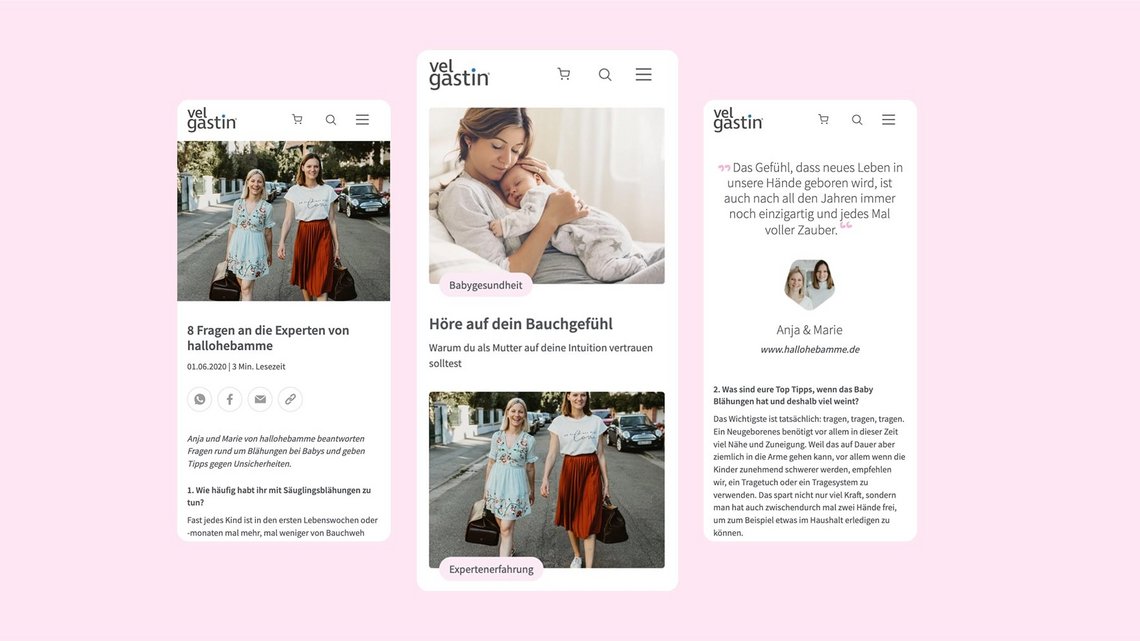 Screenshots der mobilen Ansicht von Inhalten der Velgastin Webseite