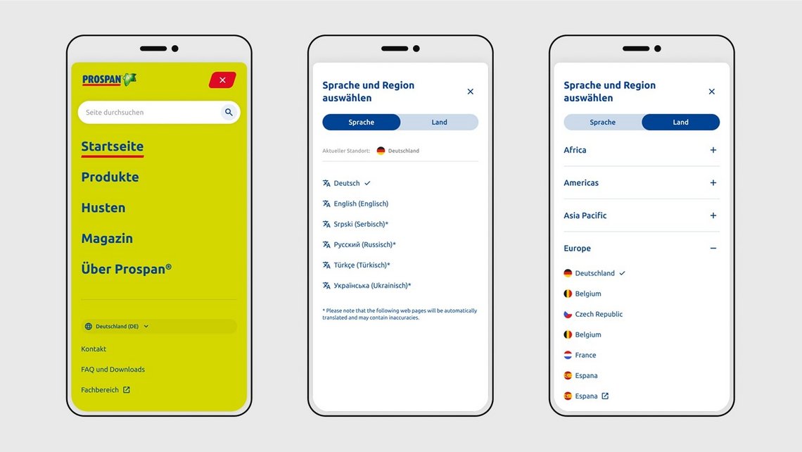 Screenshots der Sprach- und Länderauswahl
