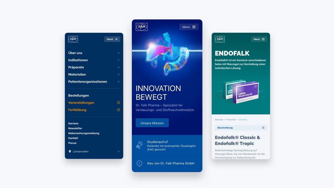 made by cyperfection: innovativer Markenauftritt Dr. Falk Pharma Dr. Falk Pharma: Navigation, Startseite und Produktseite