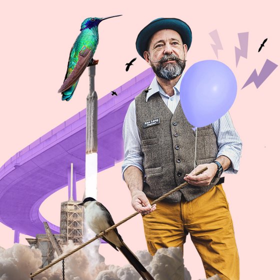 Collage aus Mann, Luftballon und Vögel