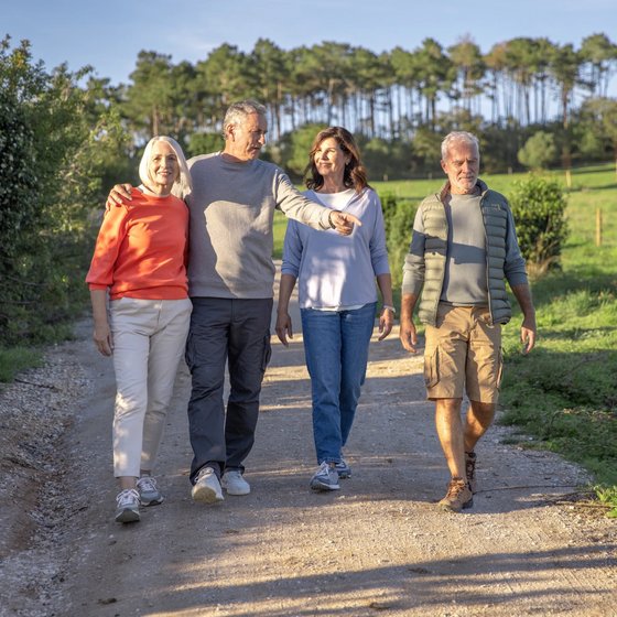 Zwei Frauen und zwei Männer machen einen Spaziergang im Grünen